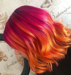 Bright Pink Ombre Hair, Pink Into Orange Hair, Dark Pink And Orange Hair, Pink To Yellow Hair, Pink And Orange Hair Ombre, Peekaboo Hair Color Redhead, Pink Orange Ombre Hair, Pink Sunset Hair, Orange To Pink Hair