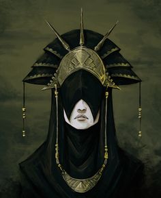 a woman wearing a black headdress with horns and spikes on her head is standing in front of a dark background