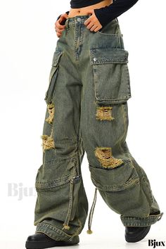 Bjux - Mid-Waist Straight Denim Jeans with Casual Solid Design and Ripped Patchwork Detail Baggy Green Denim Cargo Jeans, Green Denim Cargo Jeans, Green Utility Denim Cargo Jeans, Utility Green Denim Cargo Jeans, Green Utility Denim Jeans, Ripped Green Denim Bottoms, Ripped Utility Jeans For Streetwear, Utility Ripped Jeans For Streetwear, Distressed Utility Cargo Jeans For Spring