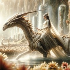 a woman riding on the back of a white dragon next to a forest filled with flowers