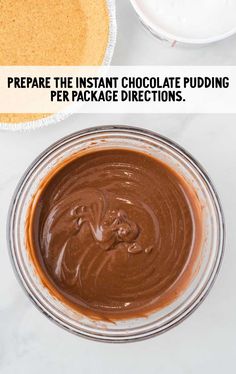 chocolate pudding being prepared in a bowl with text overlay that reads prepare the instant chocolate pudding package directions