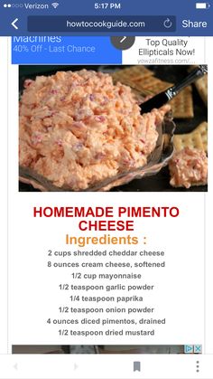 the recipe for homemade pimentoo cheese is displayed on an iphone screen, with instructions to make it