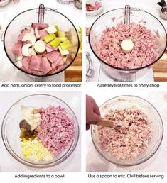 four pictures showing how to make ham and onions in a food processor or food processor