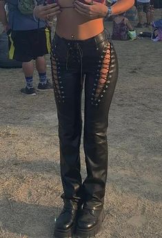 High Waisted Black Leather Pants, Leather Tie Pants Outfit, Tie Up Leather Pants, Red Lace Up Pants, String Leather Pants, Leather Cut Out Pants, Leather Pants With Strings Outfit, Black Lace Up Pants, Pink Lace Up Pants