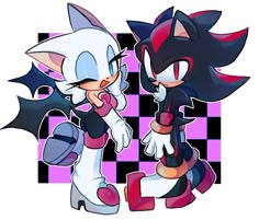 two sonic and shadow characters standing next to each other on a checkerboard background