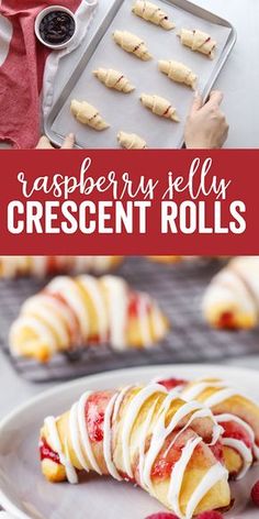 raspberry jelly crescent rolls on a white plate with a red and white background