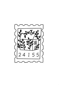 a stamp with a house and trees on it