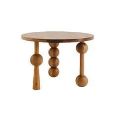 a wooden table with three balls on the top and one ball at the bottom, sitting in front of a white background