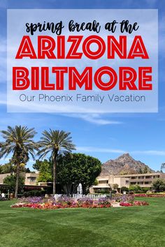 the arizona biltmore sign in front of palm trees and flowers with text overlay reading spring break at the arizona biltmore our phone family vacation