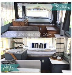 the inside of a camper that is being used as a living area