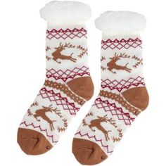 Rooted Soul, Reindeer Faux Fur Slipper Socks Quantity: 1 pair Tan & White Material: 69% acrylic, 31% polyester body, 100% polyester lining One Size Fits Most Cozy Winter Socks For Stocking Stuffers, Warm Acrylic Socks For Winter, Warm Acrylic Winter Socks, Cozy Warm Acrylic Socks, Soft Brown Winter Socks, Cozy Brown Socks For Stocking Stuffers, Winter White Soft Knit Socks, Faux Fur Slippers, Fur Slippers