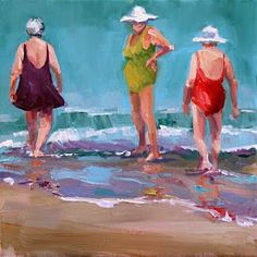 three women in bathing suits walking into the ocean