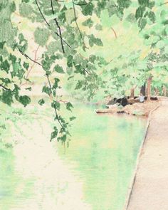 watercolor painting of trees and benches along the edge of a body of water with green foliage