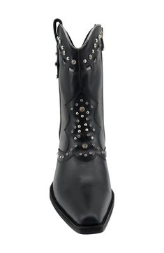 Polished studs and sparkling crystals put a contemporary spin on this stacked-heel Western boot. Leather upper/synthetic lining/leather sole Imported Studded Leather Boots With Snip Toe, Western Leather Boots With Studded Rubber Outsoles, Western Leather Boots With Silver Studs, Leather Boots With Rhinestones For Fall, Edgy Boots With Rhinestone Rivets And Round Toe, Edgy Rhinestone Riveted Round Toe Boots, Western Boots With Silver Studs And Round Toe, Black Western Boots With Rhinestone Rivets, Leather Boots With Silver Studs And Snip Toe