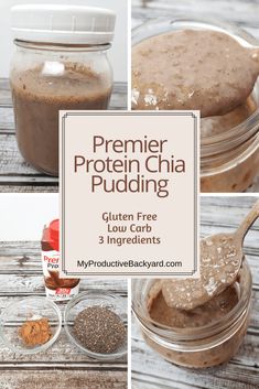 a collage of photos showing the ingredients for protein - rich chia puddings