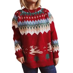 Red Christmas Tree Elk Raglan Sleeve Pullover Sweater Christmas Tree Gold, Fair Isle Pullover, Snowflake Patterns, Holiday Sweaters, Club Office, Party School, Christmas Party Dress, Cardigan Sweater Jacket, Christmas Hoodies