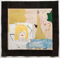 a collage of art work on paper with various colored shapes and lines, including a woman's face