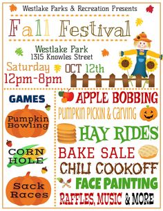 an advertisement for the fall festival with pumpkins, apples and other things on it