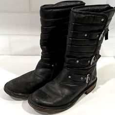 Black Puffy Quilted Leather Ugg Boots With Silver Buckles And Hardware. Zipper Back Pull Closure. Size 8. Mid Calf Rise. Thick Excellent Leather With Exception Of Some Visibly Used Areas . Bottom Soles Are Lined With Real Warm Shearling. Used For 1 Month While On A Winter Trip In Europe. No Longer Fits Me. It Has Many More Years Of Use. Leather Ugg Boots, Ugg Leather Boots, Winter Trip, Boots Zipper, Moto Boots, Quilted Leather, 1 Month, Womens Uggs, Ugg Shoes