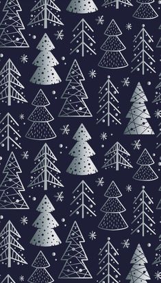 christmas trees with snowflakes and stars on a dark blue background seamless pattern