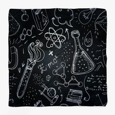 science doodles on a chalkboard with various symbols and beakles in the background