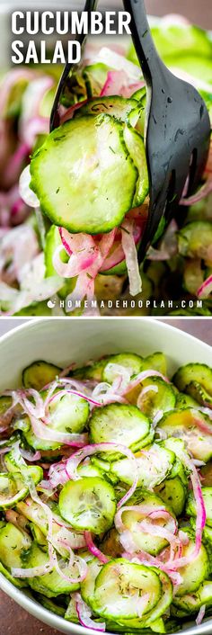 cucumber salad in a white bowl with a black serving spoon and green onions