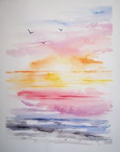 a watercolor painting with birds flying in the sky above it and an ocean sunset