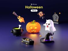 an animated halloween scene with pumpkins, ghost and other items on a purple background