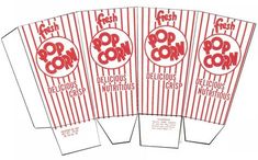 four popcorn bags with the word pop corn on them, all in red and white stripes