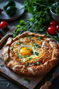 Savory tart with a sunny-side-up egg in the center, garnished with fresh herbs and surrounded by tomatoes and greens. Dessert Galette Recipe, Keto Galette, Galette Photography, Vegetarian French Recipes, Galette Dough Recipe, Savoury Galette, Mini Galette, Menemen Recipe