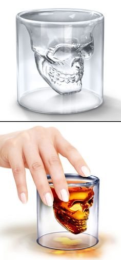 two pictures of someones hand holding a glass with a skull in it and the other side is half filled with liquid