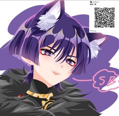 an anime character with purple hair and cat ears on her head, in front of a qr code