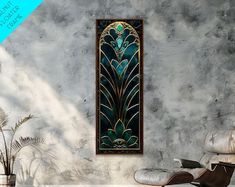 an art deco wall hanging in a living room