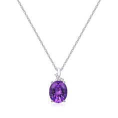 This amethyst and diamond accent pendant will add elegance to any look. Crafted in polished sterling silver, this pendant features on oval amethyst center stone accented by the sparkle from four round single cut diamonds. | Amethyst and Diamond Accent Pendant Necklace | Sterling Silver | White | Size 18" | Helzberg Diamonds Classic Oval Amethyst Necklaces, Classic Amethyst Oval Pendant Necklace, Helzberg Diamonds, Amethyst Pendant, Oval Stone, Necklace Sterling Silver, Amethyst Stone, Spring Rings, Diamond Pendant