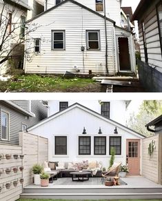 before and after pictures of a house with white siding