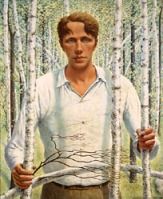 a painting of a man standing in the middle of a forest with trees behind him