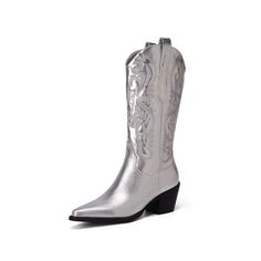 PRICES MAY VARY. Rubber sole: Wear-resistant, Non-slip, Shock-proof, Safe. Perfect Design: Exquisite Embroidery, Pull-on Style, Pointed Toe, Soft Lining, Heel Height 6.5CM (2.56IN).These cowboy boots are made of soft leather, which can be folded and easy to store and carry. This pair of new western cowgirl boots mid calf boots is made of high-quality metal PU, shiny and rich in texture. The beautiful patterns on them are embroidered with more than 40,000 stitches, which is noble and mysterious, Silver Cowboy Boots, Retro Boots, Boots Mid Calf, Sassy Women, Boots Cowgirl, Boots Knee High, Western Cowgirls, Western Cowgirl, Boots Knee