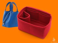 two purses with handles on an orange and blue background, one in the shape of a tote bag