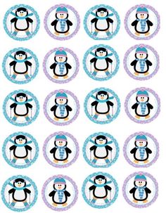 penguin party cupcake toppers with blue and pink circles on the bottom, penguins are wearing