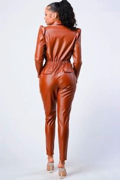 Women's Bodycon Leather Jumpsuit In Brown The Silvie women's bodycon leather jumpsuit is a style you can't miss. This bodycon jumpsuit has a front zip closure, two side pockets and two back pockets. It comes in one size available. The leather material used in this luxury clothing item makes it look more stylish than other similar designer jumpsuits. Wear this stylish jumpsuit to the office or on a night out--you'll love it! Outer Shell: Real Leather Leather Type: Lambskin Leather Finish: Semi-an Fitted Jumpsuits And Rompers For Office In Fall, Fitted Office Jumpsuits And Rompers For Fall, Fitted Fall Jumpsuits And Rompers For Office, Fitted Faux Leather Jumpsuits For Fall, Fitted Faux Leather Jumpsuits And Rompers For Fall, Fall Office Jumpsuits And Rompers With Pockets, Brown Jumpsuit For Fall Party, Fall Party Jumpsuits And Rompers With Pockets, Fitted Brown Jumpsuit