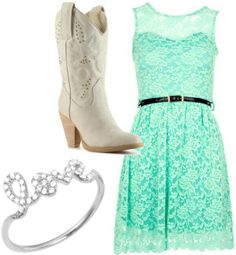 I dont know about the boots but the rest is cute Cute Outfits Polyvore, Teal Outfits, Country Dresses, The Outfit, Cute Outfit, Country Outfits, Cowgirl Boots, Country Girls, A Dress