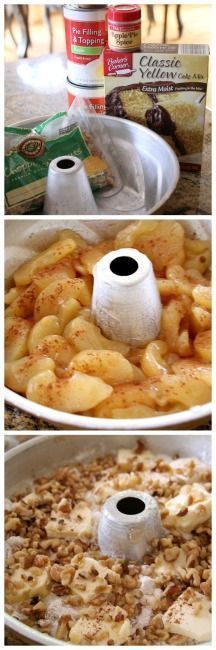 three pictures showing different stages of making an apple crisper cake with apples in the background