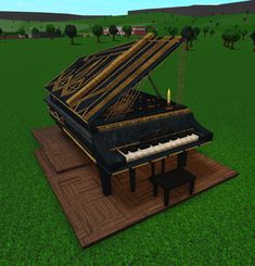 a piano sitting on top of a wooden platform in the middle of a green field