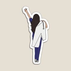 a sticker of a woman with her hand up in the air while standing against a wall