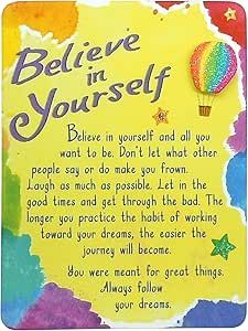 a card with an image of a hot air balloon and the words believe in yourself