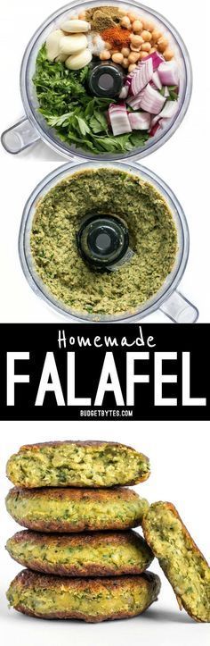 some food is stacked on top of each other and the words homemade falafel are