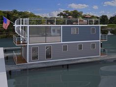 a rendering of a floating house on the water with an american flag hanging from it's balcony