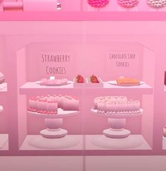 a display case filled with lots of different types of cakes and desserts on plates