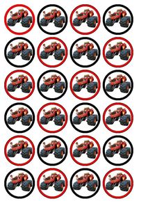 red and black monster truck stickers on white paper with circle frames in the middle