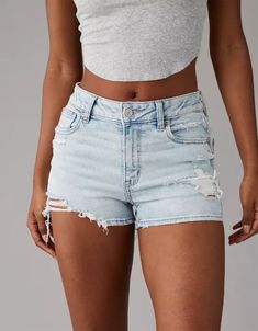 AE Next Level High-Waisted V-Rise Ripped Denim Short Short American Eagle Denim Shorts, Cute White Shorts, Cute Shorts For Summer, Summer Outfits 2025 Women, Shorts Outfits For School, Swimsuits 2025, Best Denim Shorts, Basic Summer Outfits, Cute Summer Shorts